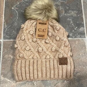 C.C Women's Tan Knit Pom Pom Hat